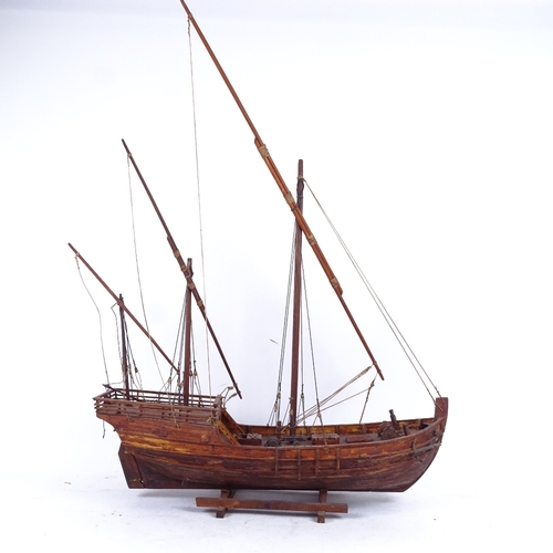 235 - A handmade model sailing ship of a 3-masted Caravel, on stand, length 48cm, height 70cm