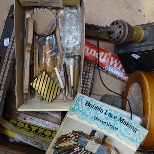 728 - Walking sticks, speaker, magic lantern, copper pots, lace bobbins etc