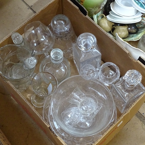 745 - 2 boxes of glass decanters, a pair of vases, teaware etc