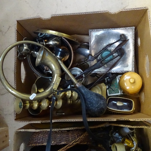 746 - 2 boxes of wall light fittings, candlesticks, Brownie camera, tea tray etc