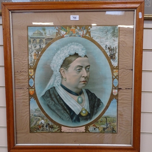 768 - A late 19th century coloured print of Victoria, Queen of the British Empire, in maple frame