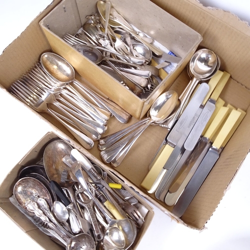 1017 - 3 boxes of miscellaneous plated cutlery, a pair of candlesticks, a toast rack etc