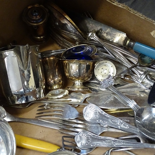 1024 - A box containing silver plate on copper engraved salver, cutlery etc