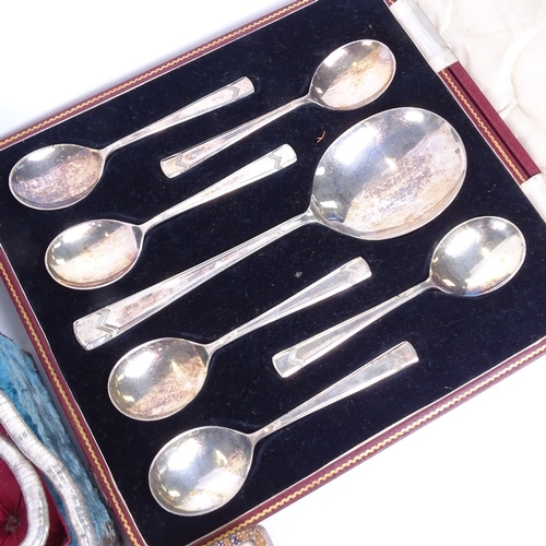 988 - A 1930s cased dessert set, 3 other cased sets of cutlery, a photo frame, a jewel box etc