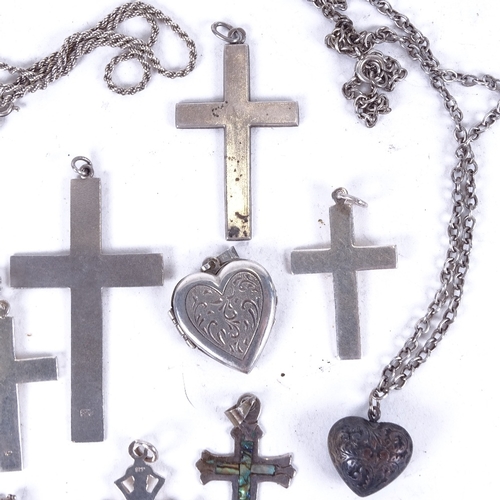 1094 - A collection of silver crucifixes, and heart design jewellery