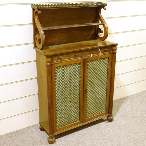 347 - A Regency rosewood chiffonier of small size, with brass galleried open shelves above, 2 frieze drawe... 