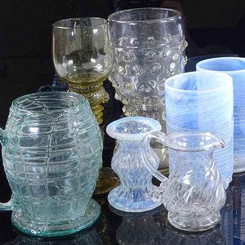 61 - A group of decorative glassware, including a pair of vaseline glass goblets with trailed decoration ... 