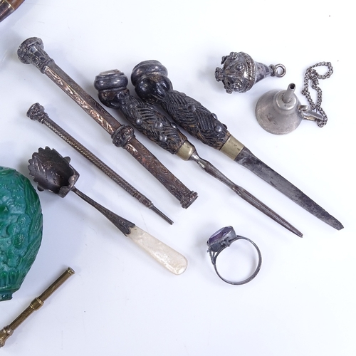 62 - A mixed group of items, including 4 Victorian propelling pencils, Scottish miniature knife and fork ... 