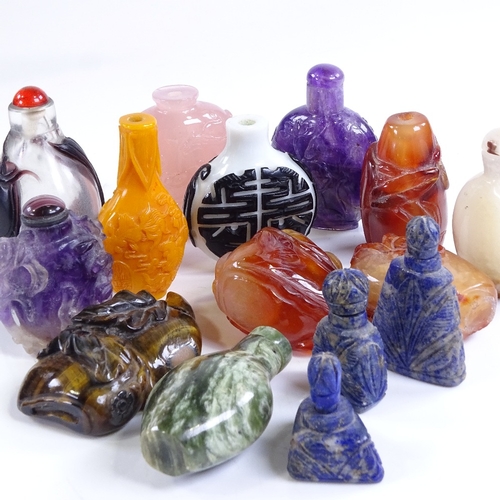 64 - A collection of Chinese snuff bottles, including a relief carved natural amethyst bottle, height 7cm... 