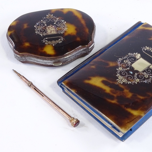 100 - 19th century tortoiseshell card case/notebook with matching purse, gold and silver pique inlaid deco... 