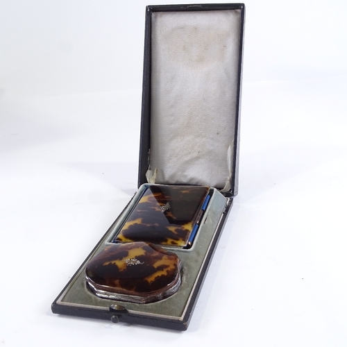 100 - 19th century tortoiseshell card case/notebook with matching purse, gold and silver pique inlaid deco... 