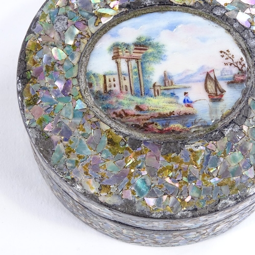 105 - An Italian Grand Tour scagliola decorated circular box, mother-of-pearl on tortoiseshell with inset ... 