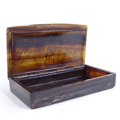 108 - A 19th century French commemorative horn snuff/tobacco box, relief moulded lid depicting Prince De J... 