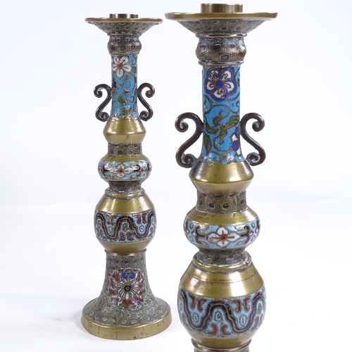 113 - A pair of Chinese bronze and champleve enamel candlesticks, height 30cm