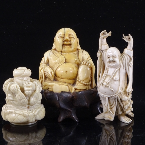 163 - An Antique Chinese carved ivory seated Buddha on hardwood stand, height 10cm, an ivory Buddha with o... 