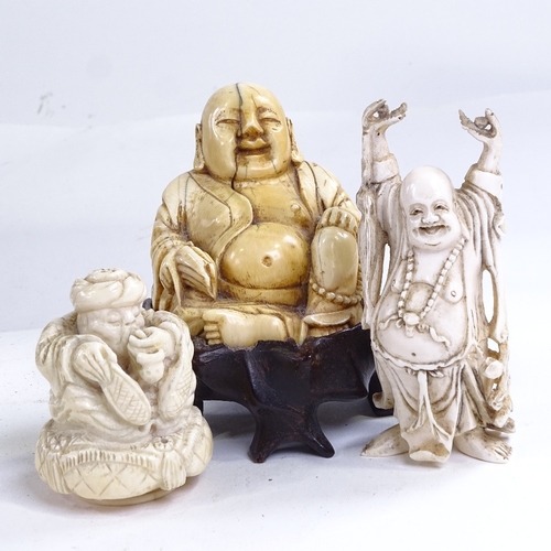 163 - An Antique Chinese carved ivory seated Buddha on hardwood stand, height 10cm, an ivory Buddha with o... 