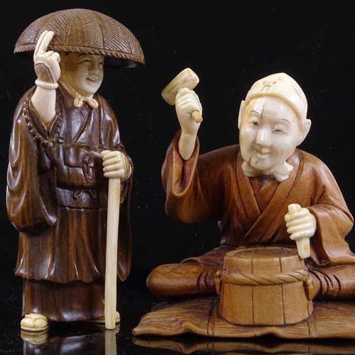 167 - 2 Japanese carved wood and ivory figures, Meiji Period, tallest height 10cm