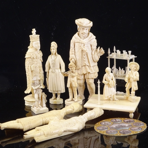 168 - A collection of 19th century Napoleonic Prisoner of War ivory figures, Dieppe ivory, a miniature 19t... 