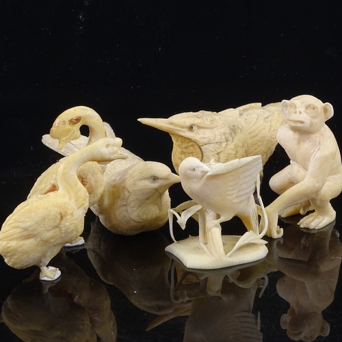 170 - A group of 19th century ivory carvings, including a crouching monkey, height 5cm, and various birds