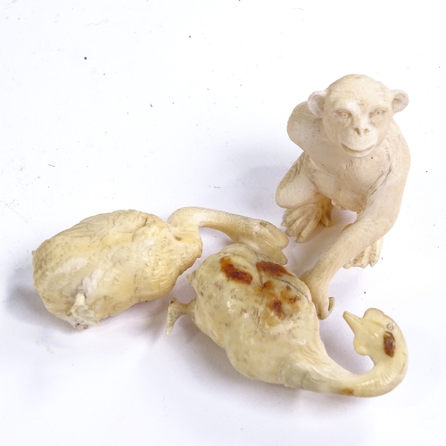 170 - A group of 19th century ivory carvings, including a crouching monkey, height 5cm, and various birds