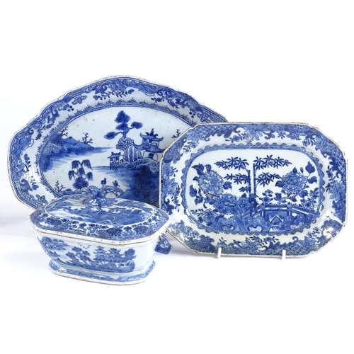 78 - A Chinese blue and white porcelain tureen and cover, length 18cm, and 2 other Chinese blue and white... 