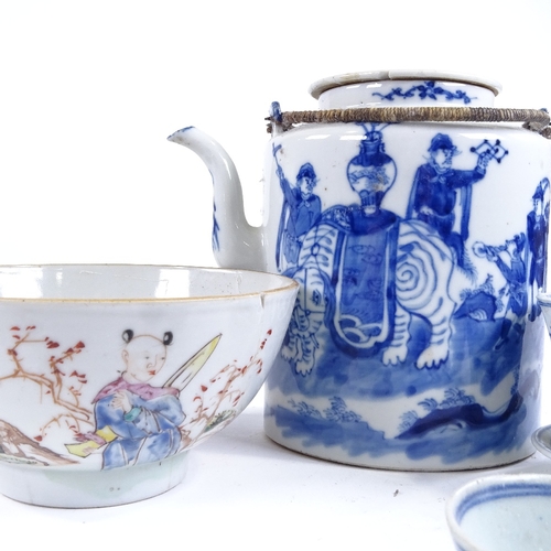 81 - A group of Chinese porcelain items, including blue and white teapot, height 16cm (A/F)