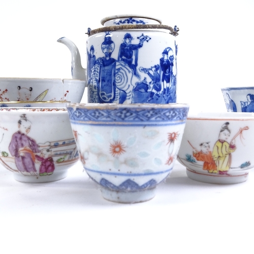 81 - A group of Chinese porcelain items, including blue and white teapot, height 16cm (A/F)