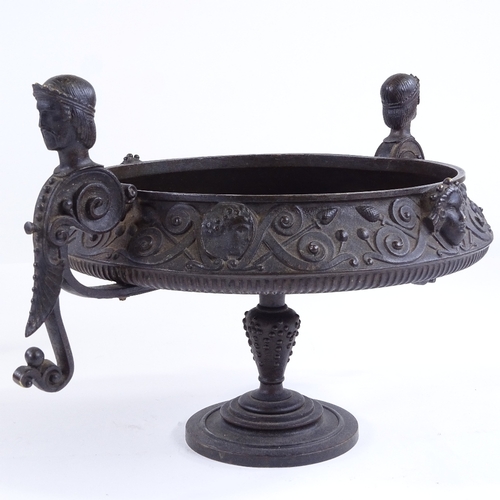 83 - A 19th century patinated bronze tazza, with central relief cast medallion, rim diameter 20cm, height... 