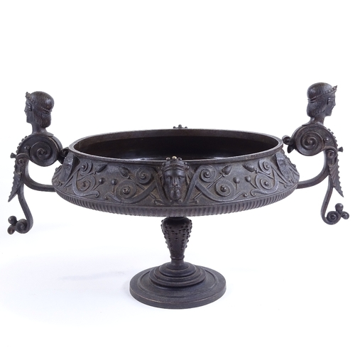 83 - A 19th century patinated bronze tazza, with central relief cast medallion, rim diameter 20cm, height... 