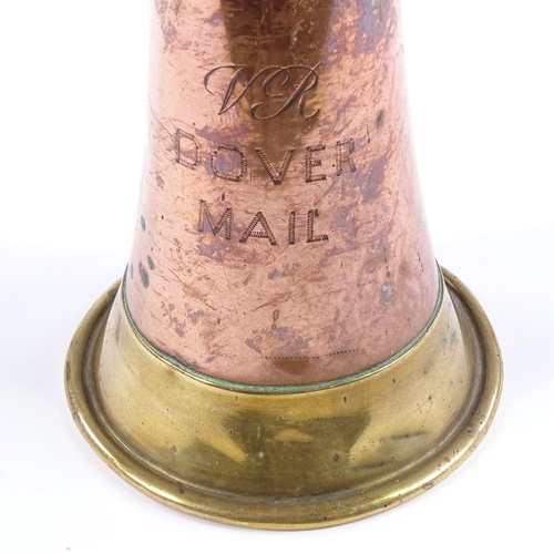 84 - A Victorian copper and brass coaching horn, inscribed Dover Mail with VR cypher, length 131cm