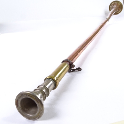 84 - A Victorian copper and brass coaching horn, inscribed Dover Mail with VR cypher, length 131cm