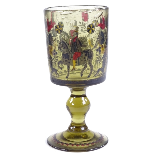 87 - A 19th century Bohemian olive green glass goblet, in the manner of Fritz Heckert, with hand painted ... 