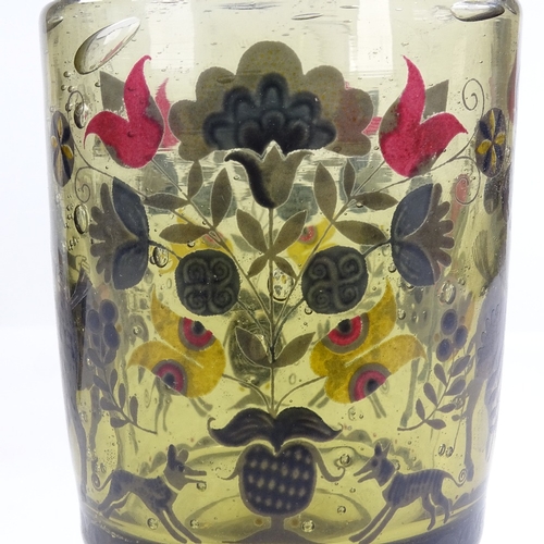 87 - A 19th century Bohemian olive green glass goblet, in the manner of Fritz Heckert, with hand painted ... 