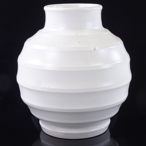 91 - Keith Murray for Wedgwood, white glaze pottery globular vase, height 23cm, rim diameter 10.5cm