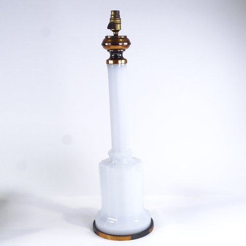 93 - A Regency opaline glass lamp base converted to electric, on bronze plinth, height excluding fitting ... 