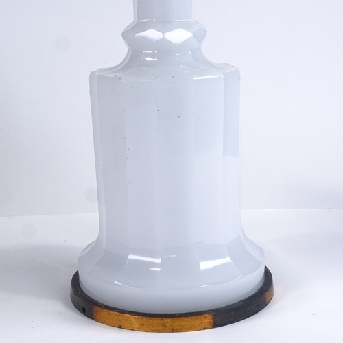 93 - A Regency opaline glass lamp base converted to electric, on bronze plinth, height excluding fitting ... 