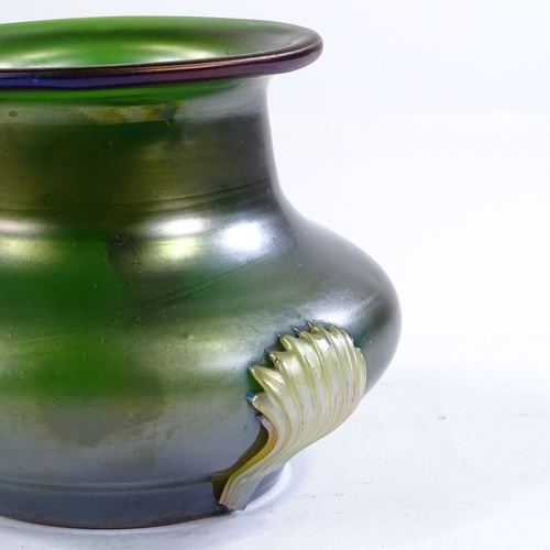 99 - LOETZ - green iridescent glass vase with applied coloured glass mounts, height 10cm, rim diameter 9.... 