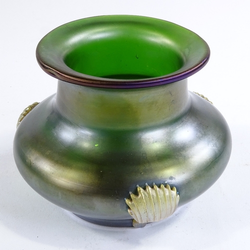 99 - LOETZ - green iridescent glass vase with applied coloured glass mounts, height 10cm, rim diameter 9.... 