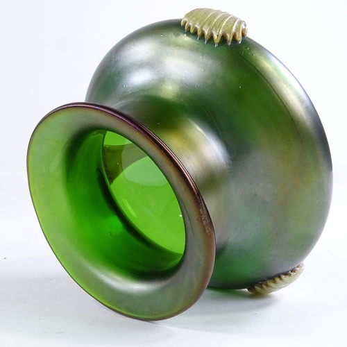 99 - LOETZ - green iridescent glass vase with applied coloured glass mounts, height 10cm, rim diameter 9.... 