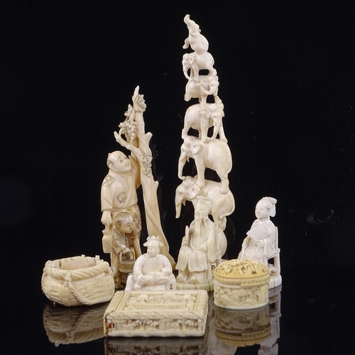 173 - A group of Chinese and Indian ivory carvings, late 19th/early 20th century, elephant group height 19... 