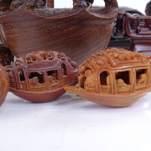 178 - A group of Oriental miniature carved wood figures, carved nut boats, horn buffalo etc