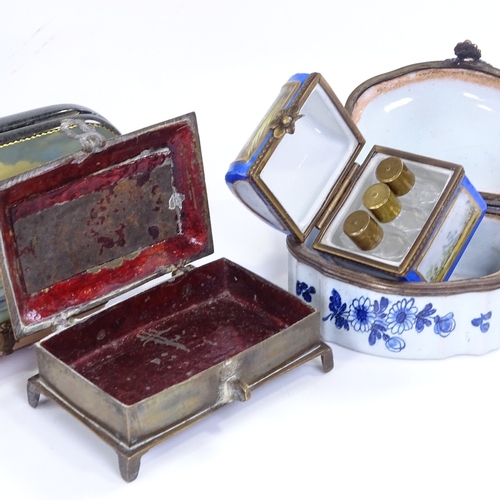 180 - A group of enamel porcelain and metal boxes, including a porcelain dome-top box containing perfume b... 