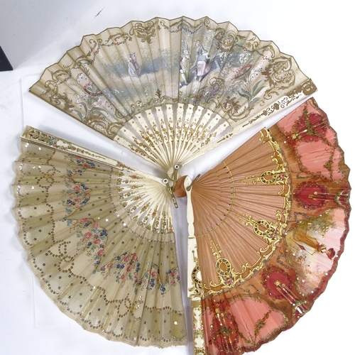 181 - 3 19th century French gilded bone fans with hand painted screens