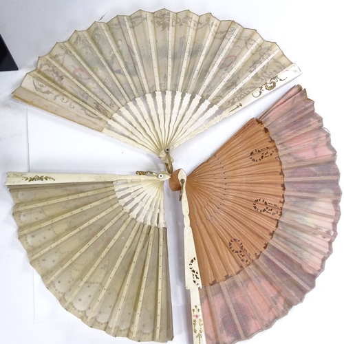 181 - 3 19th century French gilded bone fans with hand painted screens