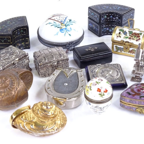 185 - A group of miniature boxes, including an enamel egg shaped box, length 3cm, and a gilt-brass nautilu... 