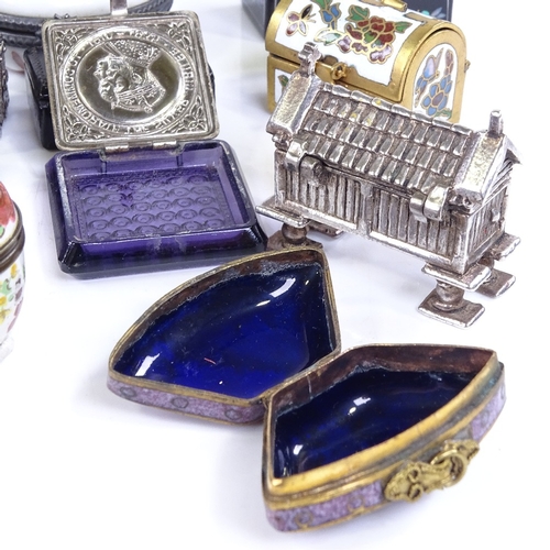 185 - A group of miniature boxes, including an enamel egg shaped box, length 3cm, and a gilt-brass nautilu... 