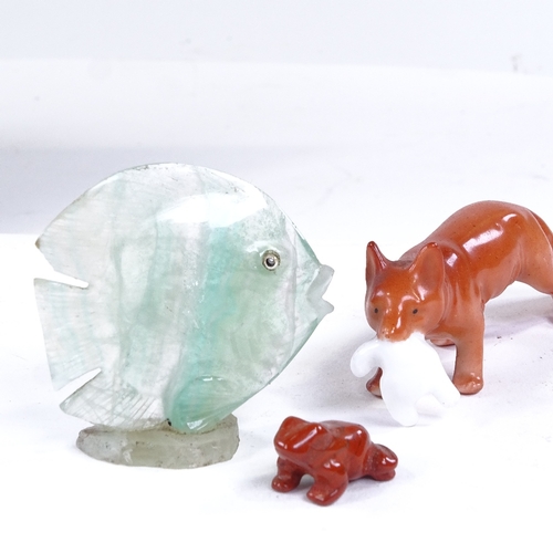 187 - A group of miniature porcelain and hardstone animals, including a carved cat's eye stoat, length 8cm