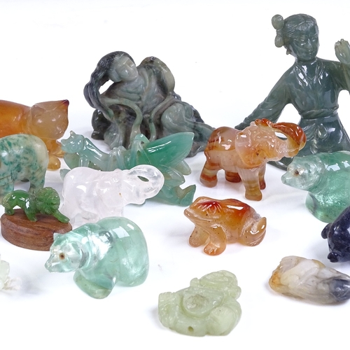 188 - A collection of Chinese jade and hardstone carvings, including jade locust, length 5cm