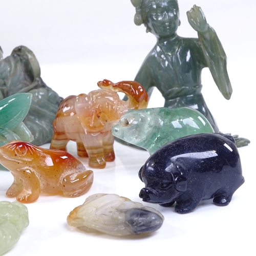 188 - A collection of Chinese jade and hardstone carvings, including jade locust, length 5cm