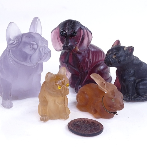 189 - A group of moulded coloured glass Bulldogs and other animals, purple glass Bulldog height 7cm